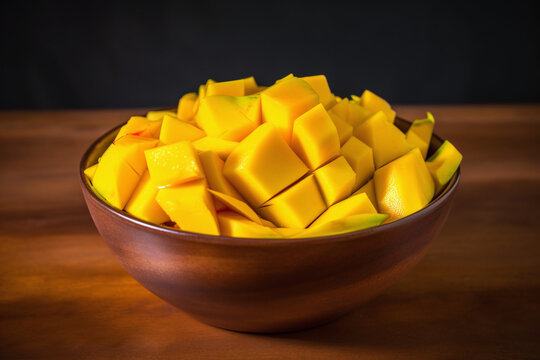 Morceaux de mangue fraiche et juteuse dans saladier en bois &raquo; IA g&eacute;n&eacute;rative