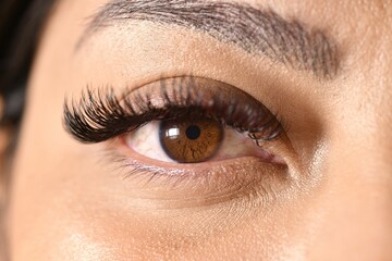 Obraz premium a close up of a brown eye with long eyelashes and no makeup