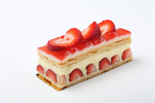 D&eacute;licieuse part de g&acirc;teau fraisier sur fond blanc &raquo; IA g&eacute;n&eacute;rative