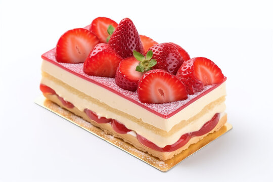 Gros plan sur un g&acirc;teau fraisier sur fond blanc &raquo; IA g&eacute;n&eacute;rative