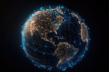 A conceptual representation of planet Earth with glowing lines connecting points, symbolizing global connectivity. Generative AI, AI. - obrazy, fototapety, plakaty