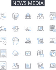 news media line icons collection. Television broadcasting, Print journalism, Web journalism, Social journalism, Broadcast journalism, Public broadcasting, Electronic media vector and linear