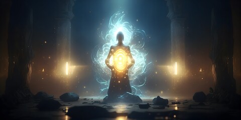 human sitting in a yoga poses with glowing chakras. Generative AI
