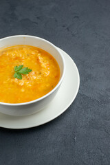 front view delicious soup inside white plate on dark surface bread diner colourful meal horizontal dish food