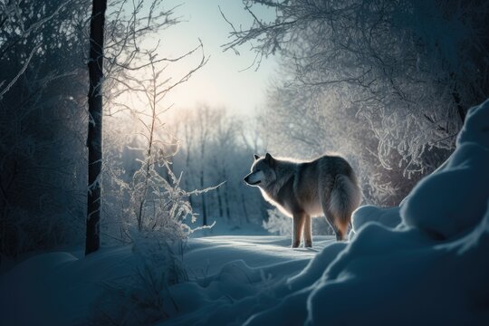 Majestic wolf in a winter landscape, surrounded by snow and icy trees. Generative AI