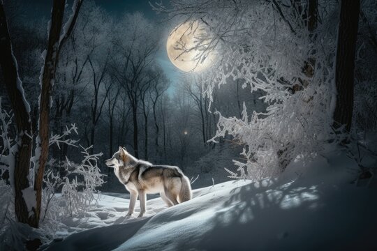 Majestic wolf in a winter landscape, surrounded by snow and icy trees. Generative AI