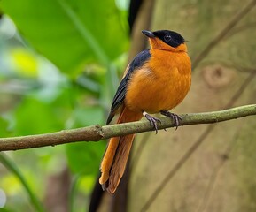Snowy-crowned robin-chat perched on a tree branch, close-up shot
