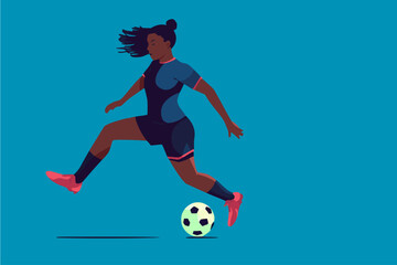 Female black soccer player mid-stride, kicking ball