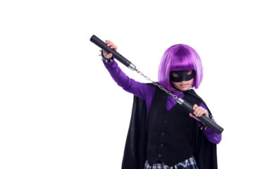 Portrait, child and vigilante costume with nunchaku on isolated, transparent and png background. Kid, mask and fantasy by girl with superhero, villain and fighter cosplay or martial arts aesthetic
