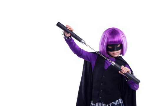 Portrait, child and vigilante costume with nunchaku on isolated, transparent and png background. Kid, mask and fantasy by girl with superhero, villain and fighter cosplay or martial arts aesthetic