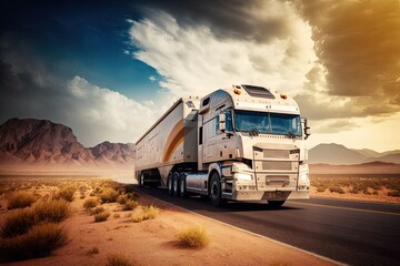 Logistic truck carrying goods on the road. Transportation, supply chain and shipping concept. Generative AI