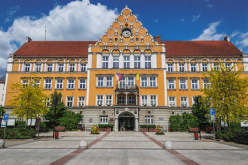 Facade of Town Hall on Square of Czechoslovak Army Square in Cesky Tesin town, Czech Republic