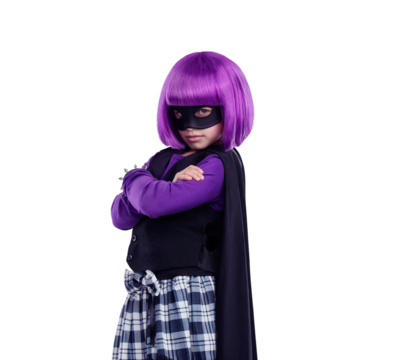 Child, portrait and girl with arms crossed in superhero costume on isolated, transparent and png background. Face, mask and kid in cape for halloween, theme or fantasy cosplay, fun and creative pose