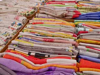 Assortment of handmade dish towels at local market in Aix-en-Provence, Provence, France.