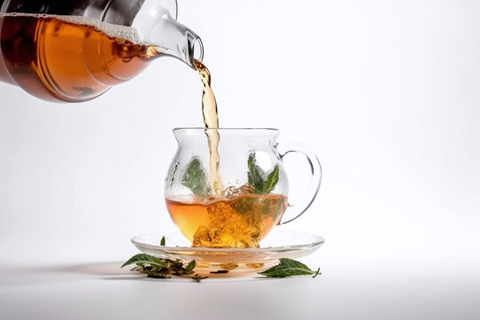 Th&eacute;i&egrave;re versant du th&eacute; &agrave; la menthe chaud dans une tasse en verre &raquo; IA g&eacute;n&eacute;rative