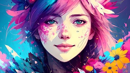 A colorful portrait of a beautiful woman, generative AI