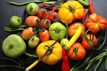 colorful fresh vegetables, tomatoes and young courgettes harvested on the plot, yellow and green tomatoes, purple and green string beans, products from our own garden