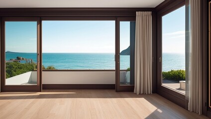 Living room with a view of the ocean, generative ai