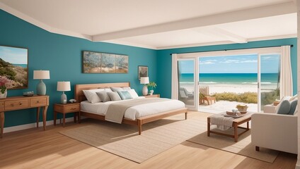 Fototapeta premium Living room with a view of the ocean, generative ai