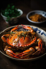 Crab with yellow sauce. Stir-Fried Crab in Curry Powder, yellow curry, Asian Food. Generated Ai.