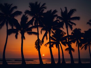 Silhouette of palm trees on the beach at sunset time. ai generative
