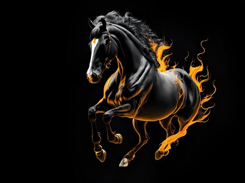 horse that is on fire on a black background. ai generative