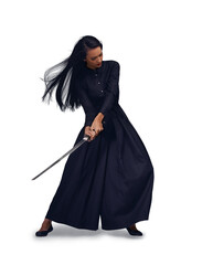 Samurai, sword and martial arts woman isolated on transparent png background for action, battle and fight. Fantasy, cosplay and asian person, character or young Japanese warrior with ninja machete © Shrikant/peopleimages.com