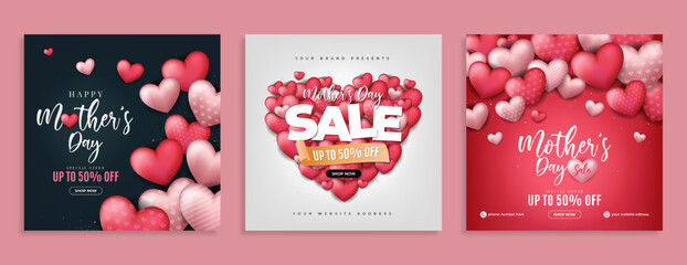 Mother's day business marketing social media banner post template with 3d love balloon. Women’s day sale promotion flyer or web poster. Greeting card decoration for mother and woman day celebration.  - obrazy, fototapety, plakaty