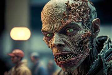 Zombie head with scary face in the crowd during the zombie apocalypse. Horror theme for Halloween or game party ad. Generated AI.
