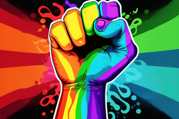 Rainbow colored hand with a fist raised up. Gay Pride background, Pride flag, LGBTQ pride, Rainbow fist raised up background. LGBTQ concept, Generative AI.