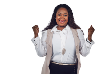 Happy woman, success portrait and winning isolated on transparent, png background with yes, celebration or fist pump. Plus size, African person or winner promotion, wow and celebrate of bonus or news