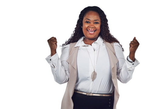 Happy woman, success portrait and winning isolated on transparent, png background with yes, celebration or fist pump. Plus size, African person or winner promotion, wow and celebrate of bonus or news