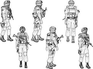 Fototapeta premium Sketch vector illustration of soldier in uniform and gun