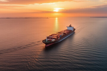 Naklejka premium Aerial view of a cargo ship under a sunset. Generative AI
