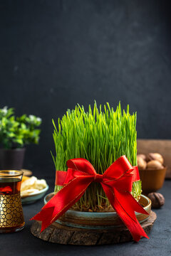 front view green semeni with red bow on dark background ornate horizontal ethnic novruz spring holiday ribbon