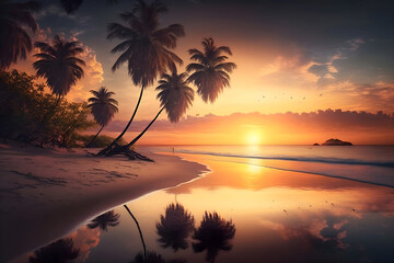 Fototapeta na wymiar Beautiful sunset through the palm trees over the tropical beach.