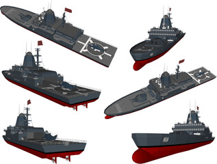 Vector illustration sketch of cartoon aircraft carrier war at sea
