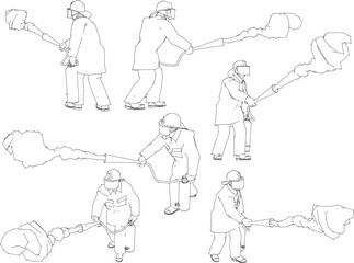 Vector illustration sketch of cartoon firefighter with fire extinguisher