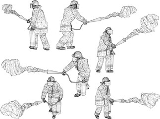 Vector illustration sketch of cartoon firefighter with fire extinguisher