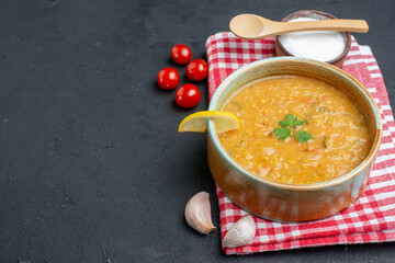 front view tasty lentil soup with tomatoes and salt on dark surface food diner colourful meal dish bread horizontal