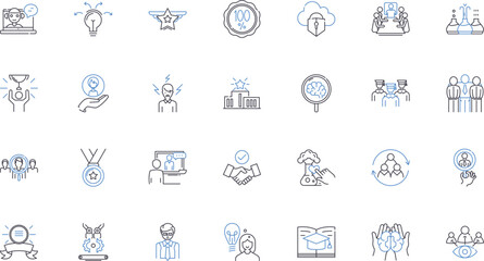 Pedagogy realm line icons collection. Learning, Teaching, Curriculum, Instruction, Assessment, Classroom, Knowledge vector and linear illustration. Skills,Strategies,Methodology outline signs set