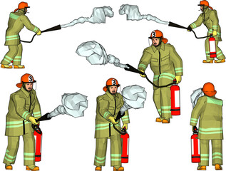 Vector illustration sketch of cartoon firefighter with fire extinguisher