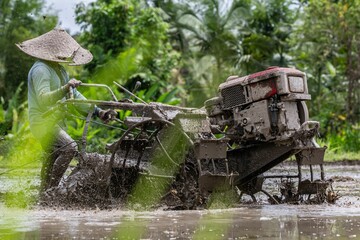 a photograph of a farmer working in the rice field