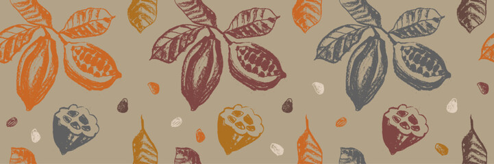 Vector Cocoa beans seamless pattern. Hand drawn Cacao beans background for chocolate packaging ornament or powder. Old fashioned cocoa plant illustrations for Bean to Bar label. Organic cacao butter. - obrazy, fototapety, plakaty