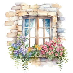 Watercolor illustration of Vintage Stone Window decorated with Flower.