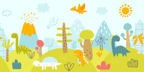Cute jurassic landscape with funny dino. Scandinavian print with prehistorical panorama for baby wall art.