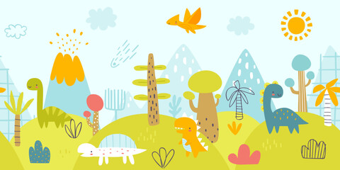 Cute jurassic landscape with funny dino. Scandinavian print with prehistorical panorama for baby wall art. © Sonium_art