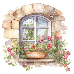Fototapeta na wymiar Watercolor illustration of Vintage Stone Window decorated with Flower.