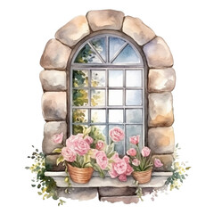 Watercolor illustration of Vintage Stone Window decorated with Flower.
