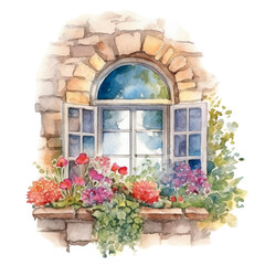Watercolor illustration of Vintage Stone Window decorated with Flower.